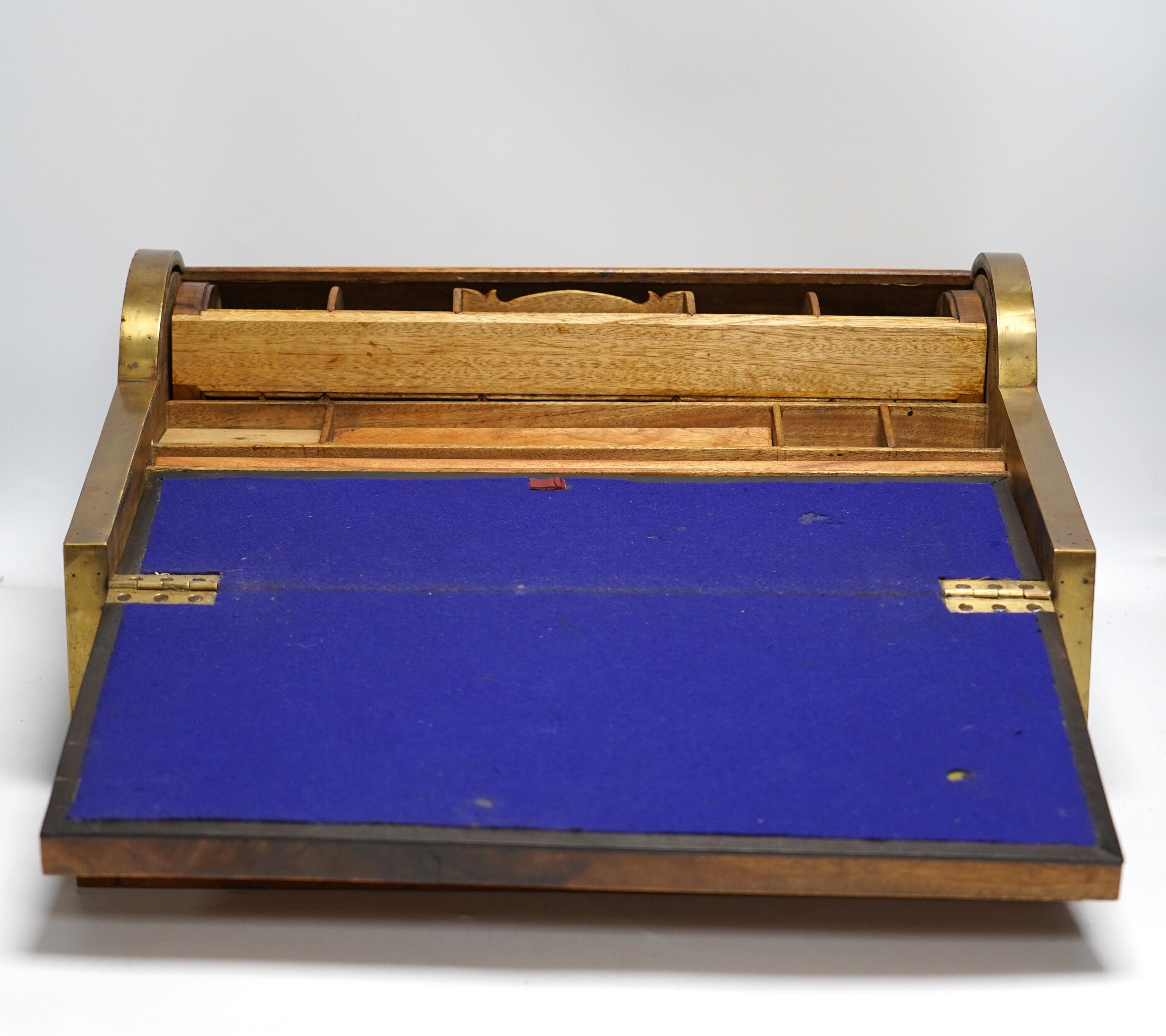 A 19th/20th century Anglo-Indian brass bound camphorwood roll top writing box, 47.5cm wide